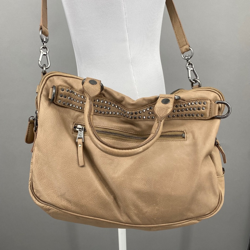 ASH Tan Leather Studded Satchel Crossbody Bag Multi Pocket Gunmetal‎ Hardware